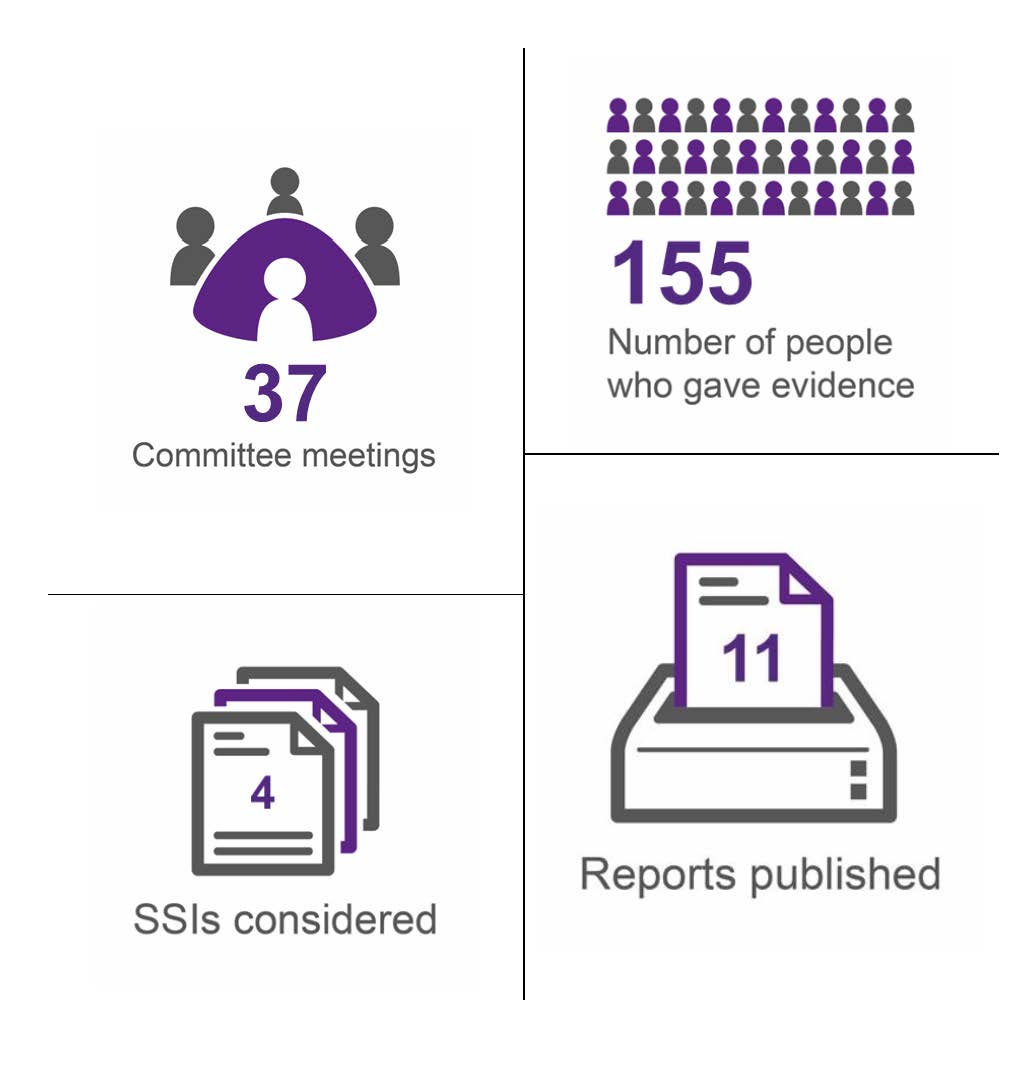 An infographic showing statistics for the number of Committee meetings, number of people who gave evidence to the Committee (155), the number of SSIs considered (4) and the reports published by the Committee (11).